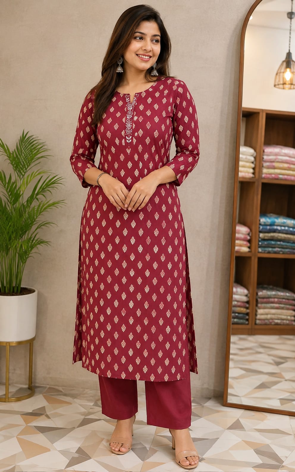 Maroon Printed Straight Kurti for Women
