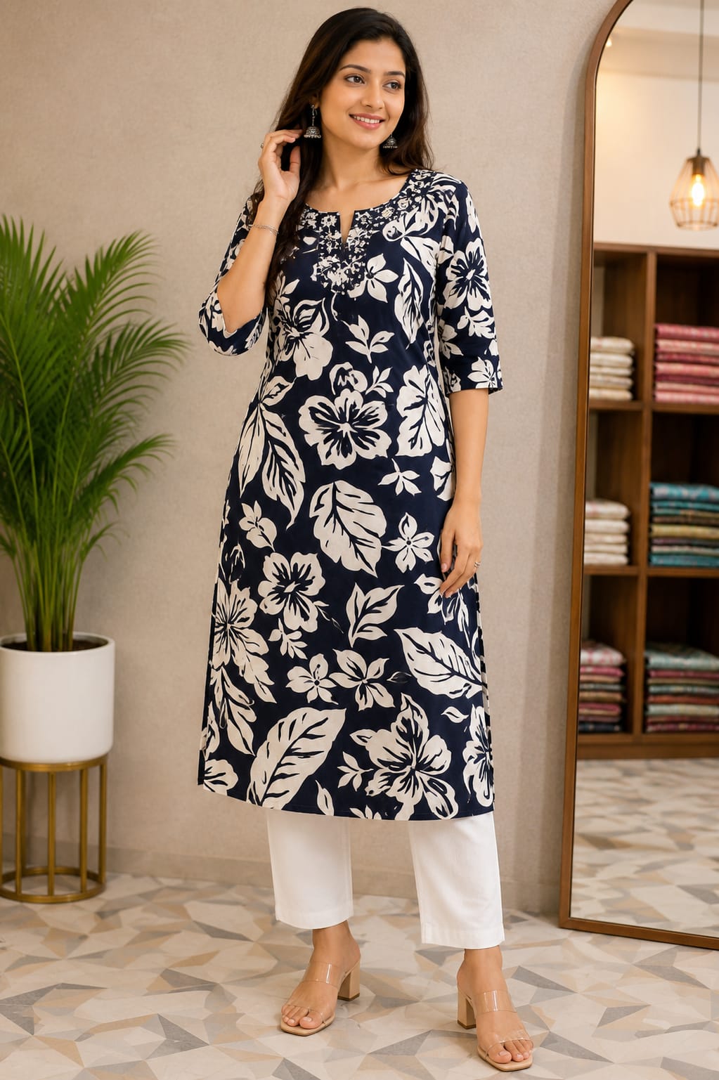 Navy Blue and White Floral Printed Straight Kurti for Women