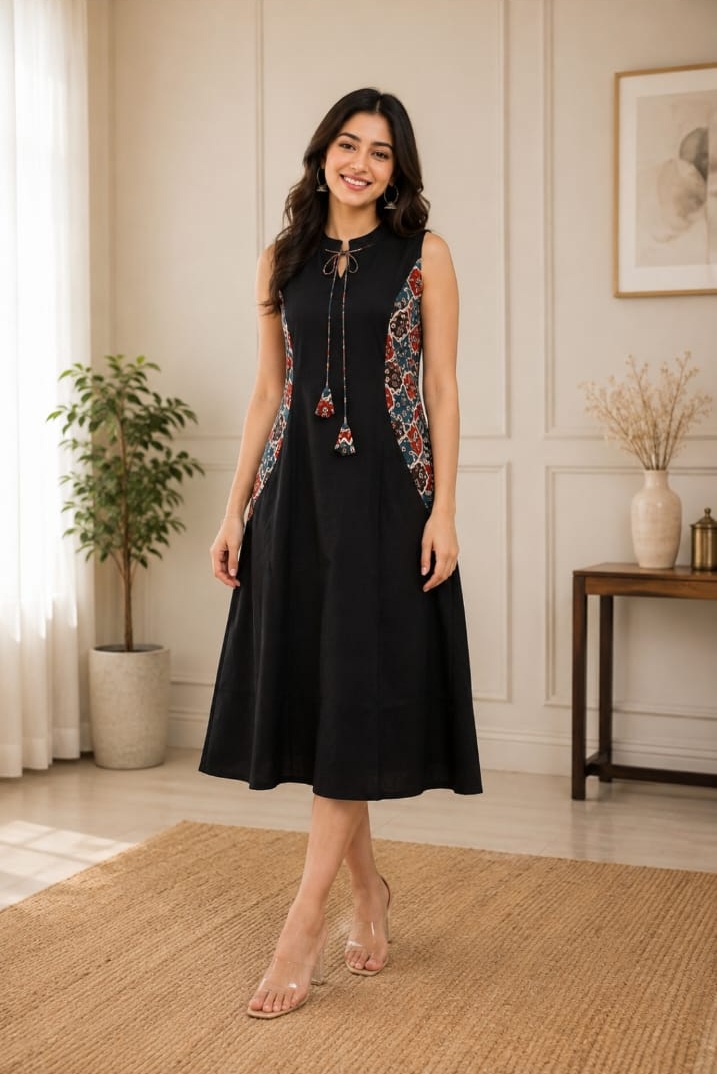 Black Sleeveless A-Line Dress with Ajrakh Print Panels