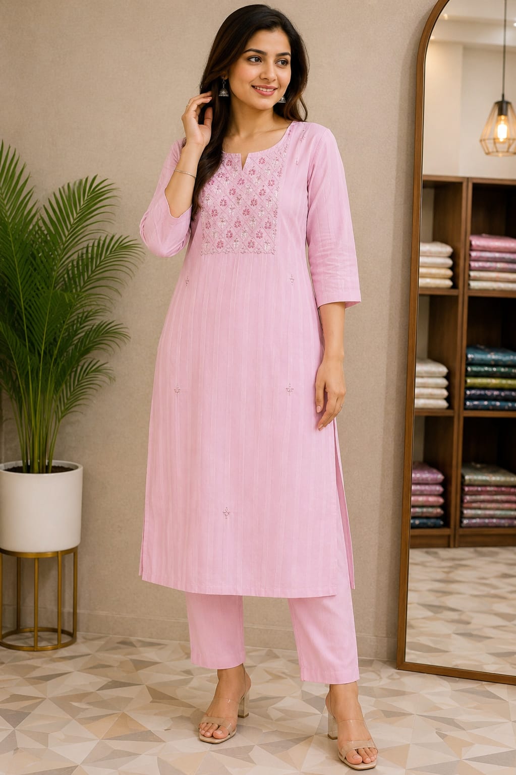 Pastel Pink Embroidered Straight Kurti for Women