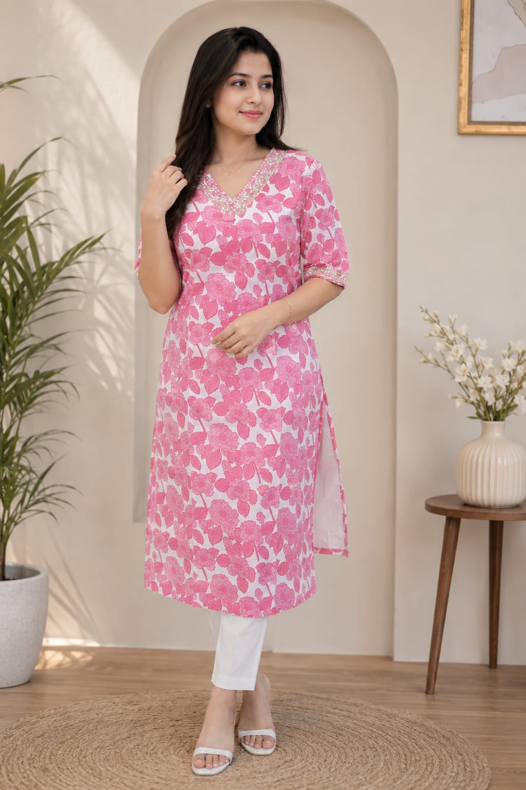 Pink and White Floral Printed Straight Kurti for Women
