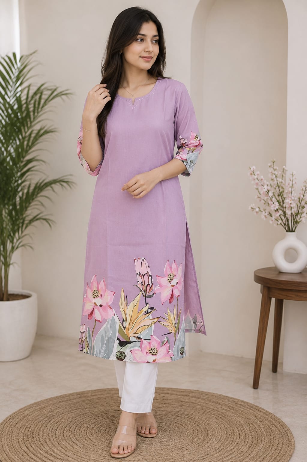 Lavender Floral Border-Printed Straight Kurti for Women