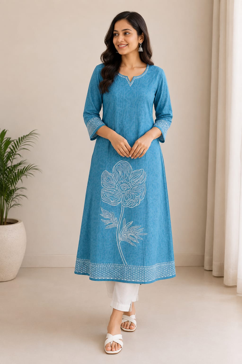 Teal Blue Floral Printed A-Line Kurti for Women