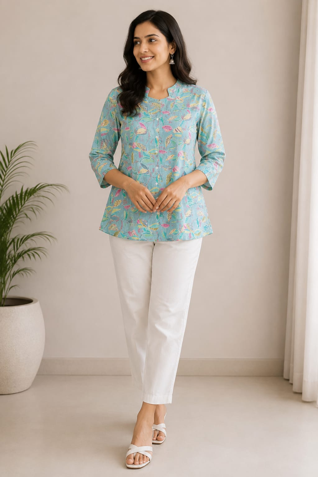 Aqua Blue Floral Printed Short Kurti Top