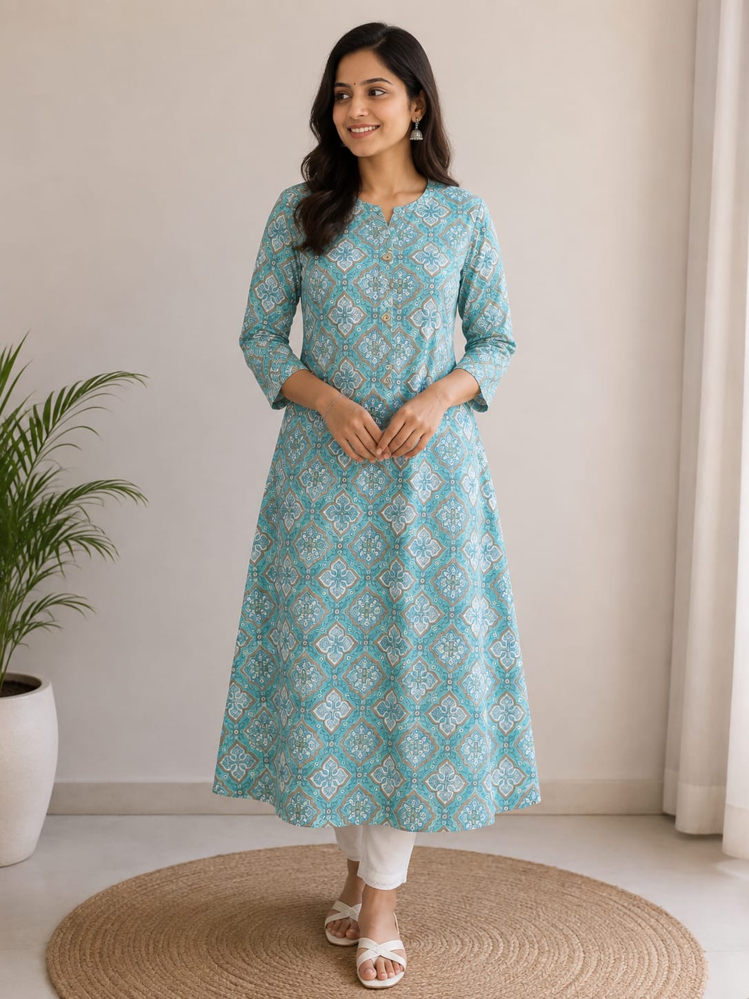Aqua Blue Geometric Printed A-Line Kurti for Women