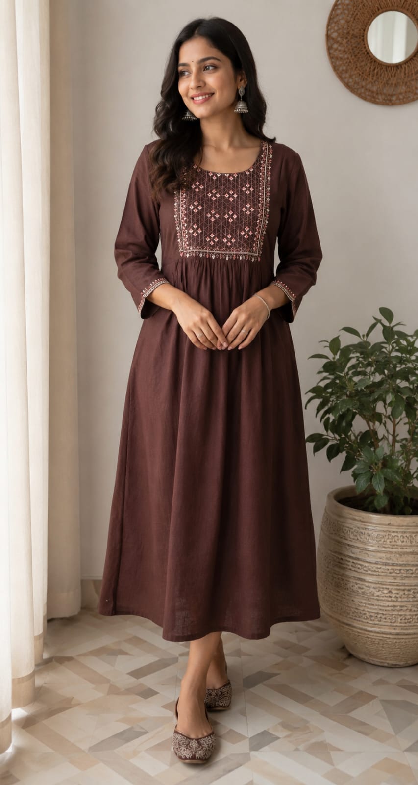 Chocolate Brown Embroidered Flared Anarkali Kurti for Women
