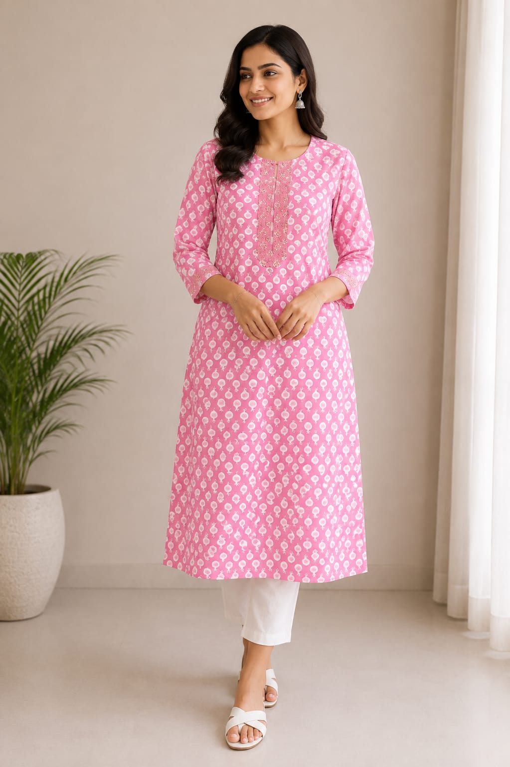 Pink and White Ethnic Motif Printed Straight Kurti for Women
