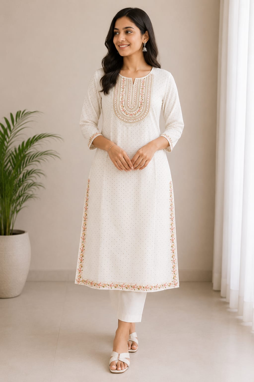 Ivory Embroidered Straight Kurti for Women