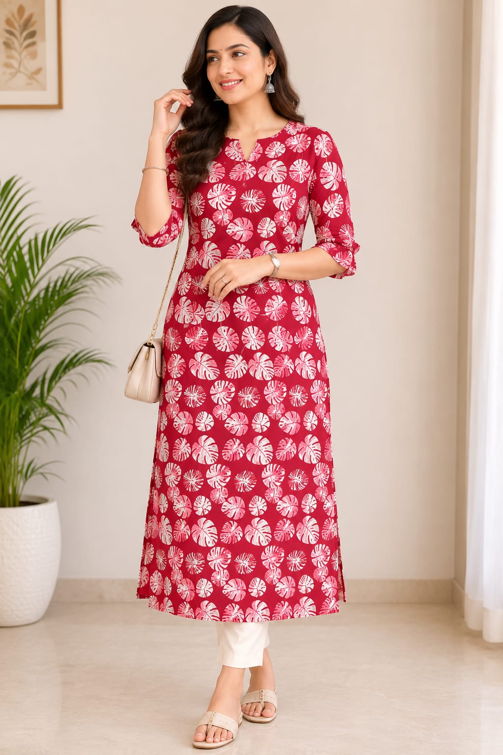 Red and White Tropical Leaf Printed Straight Kurti for Women