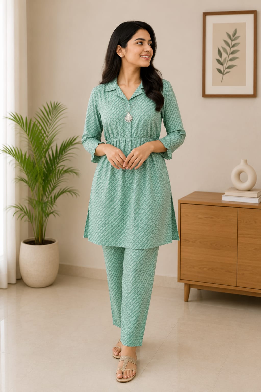 Mint Green Printed Collared Kurti with Matching Pants – Top & Bottom Set