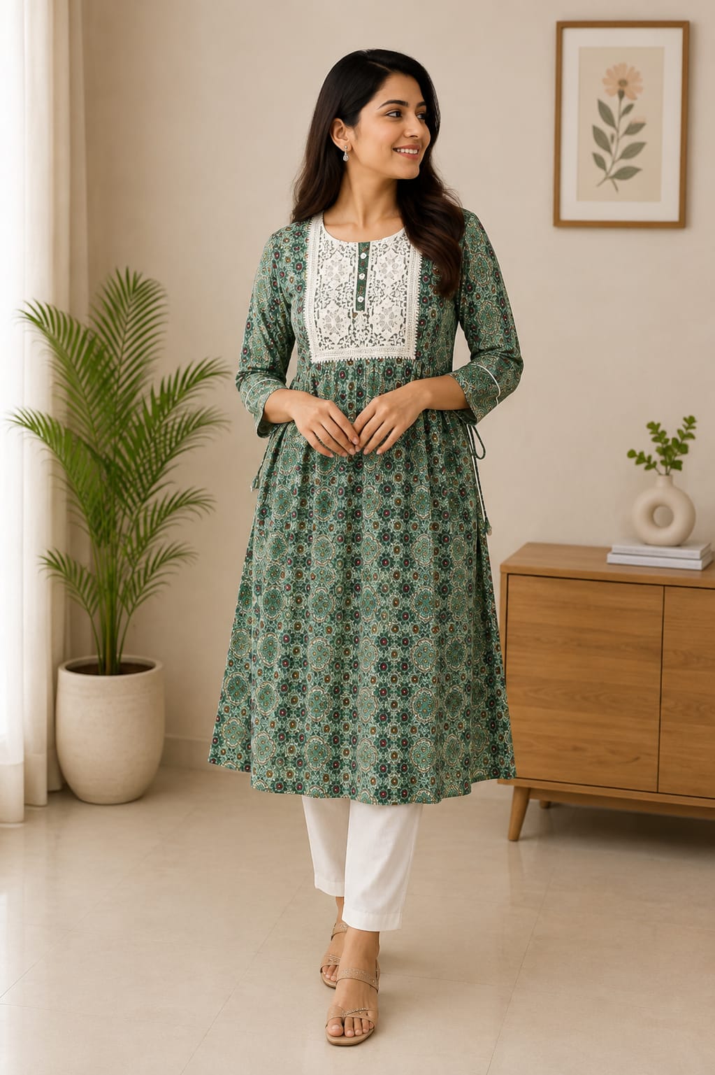 Bottle Green Ethnic Printed A-Line Kurti for Women