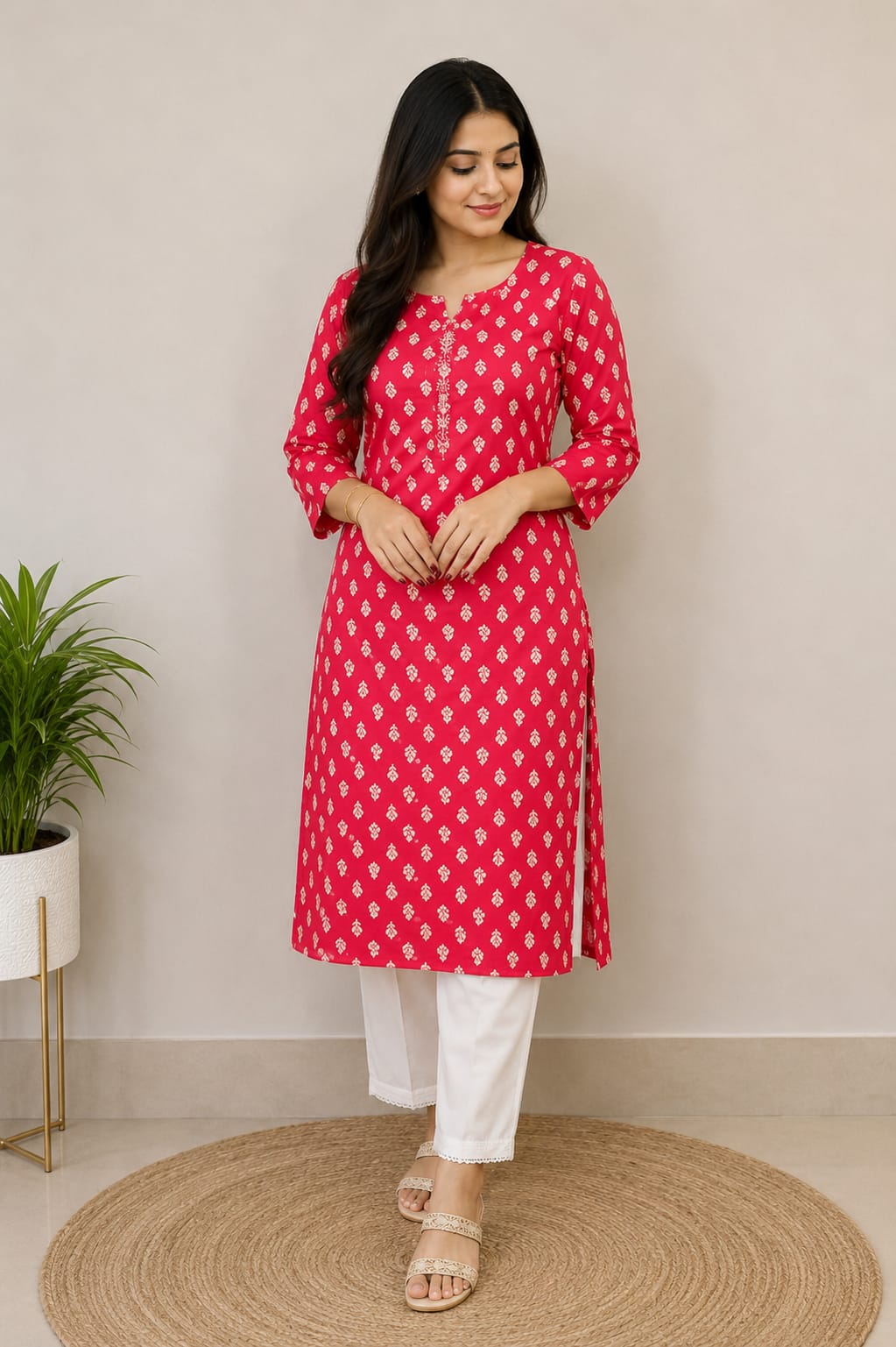 Red Ethnic Motif Printed Straight Kurti for Women