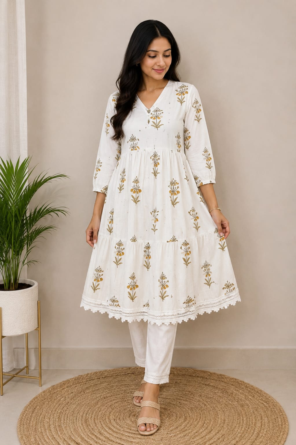 Ivory Floral Printed Tiered Anarkali Kurti for Women