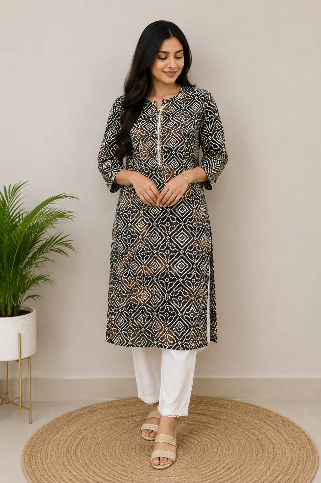 Black and White Geometric Printed Straight Kurti for Women