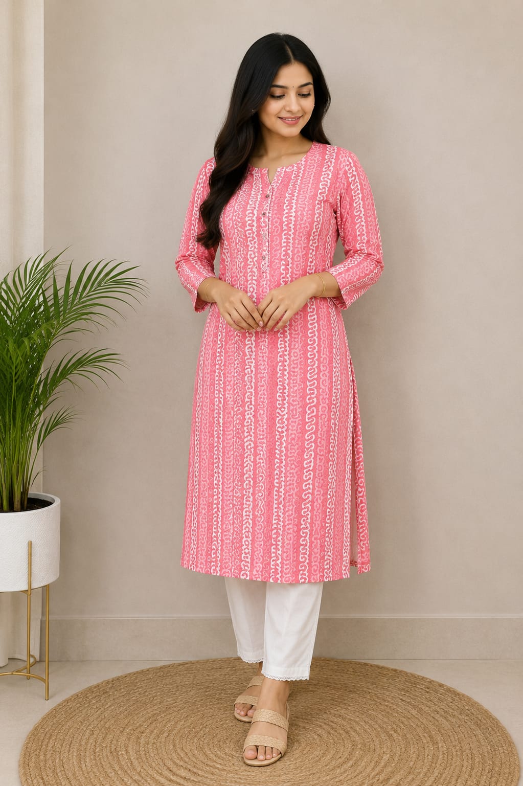 Pink and White Vertical Printed Straight Kurti for Women