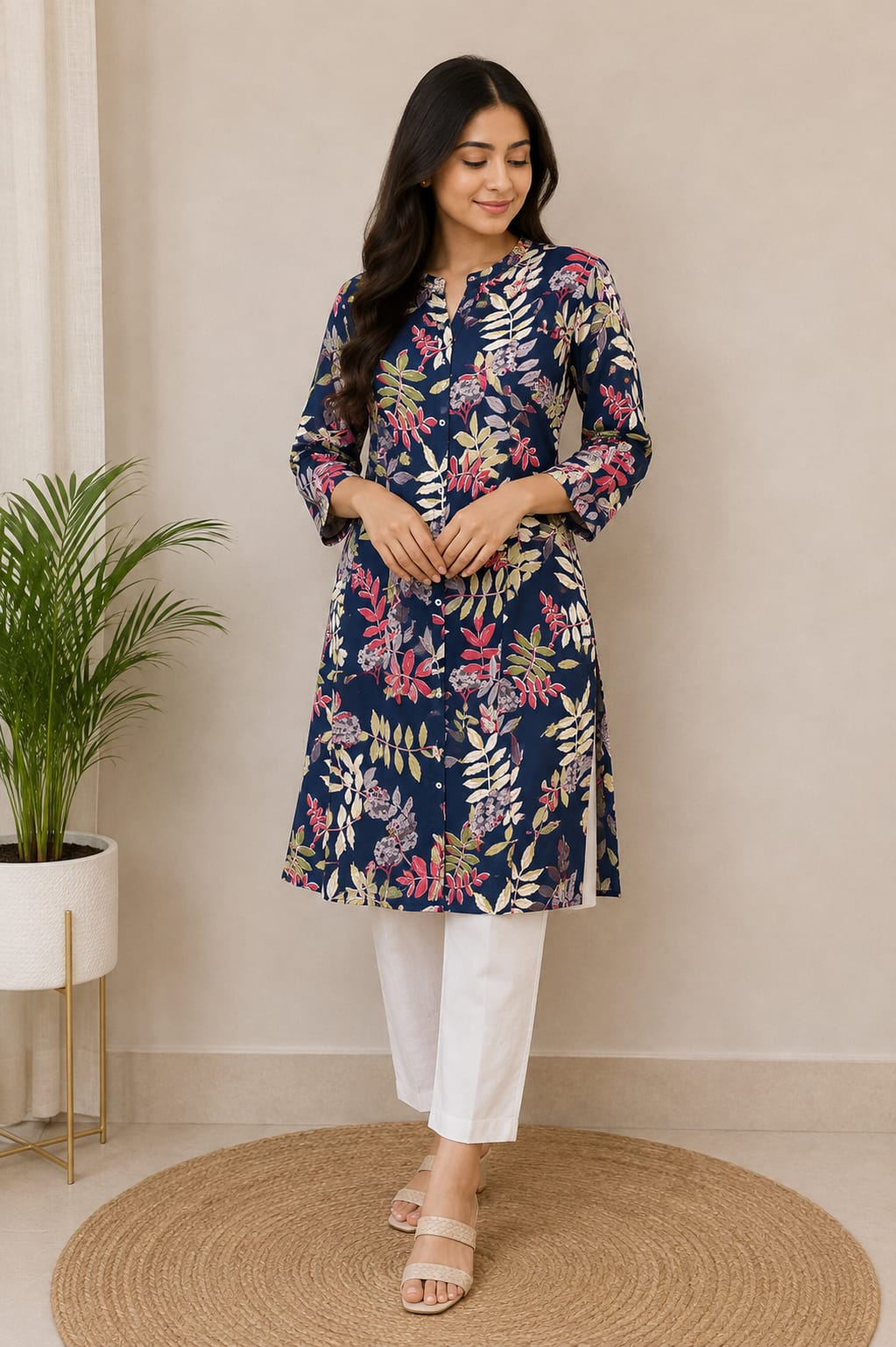 Navy Blue Multicolour Floral Printed Short Kurti for Women