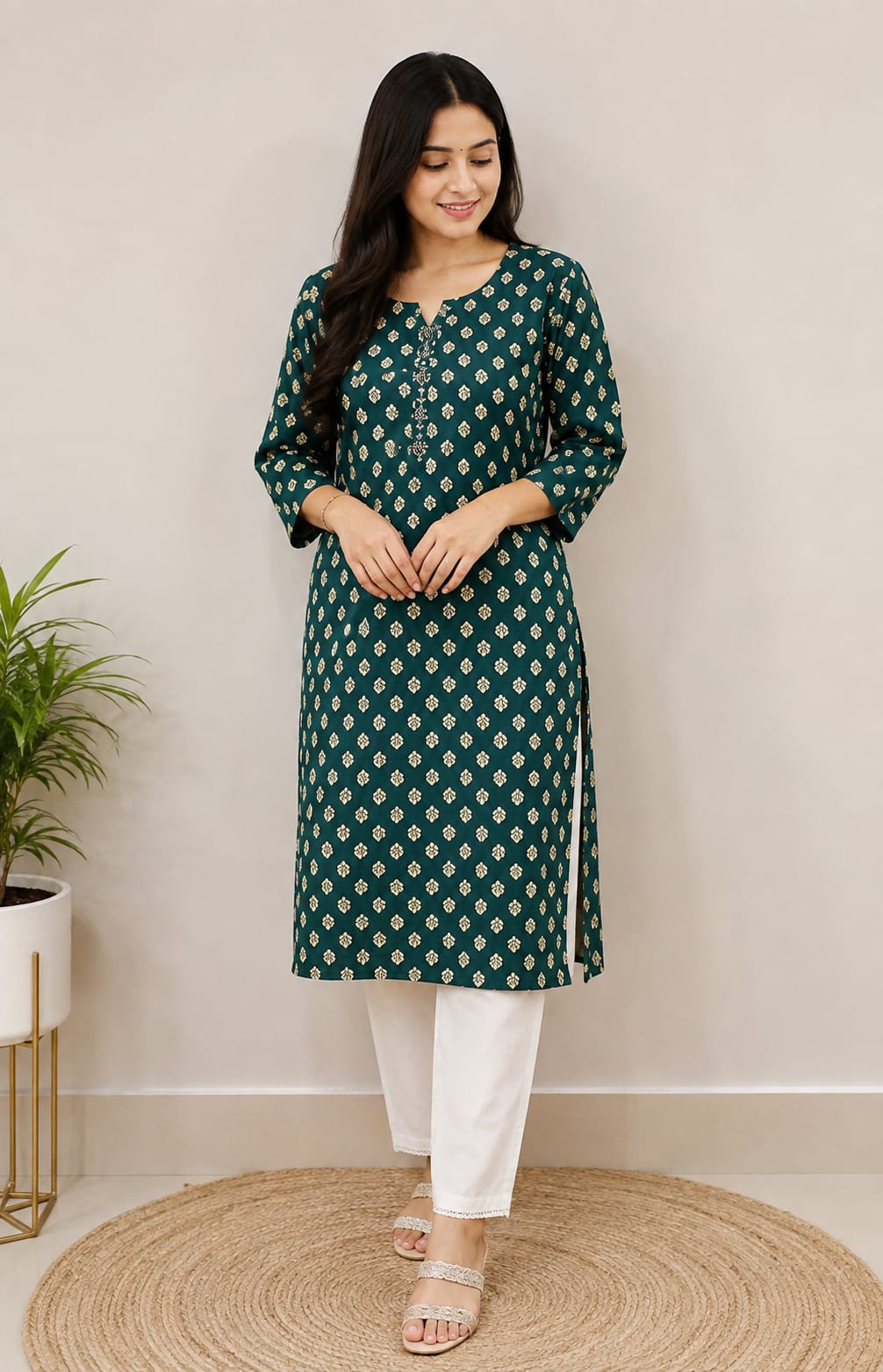 Bottle Green Ethnic Motif Printed Straight Kurti for Women