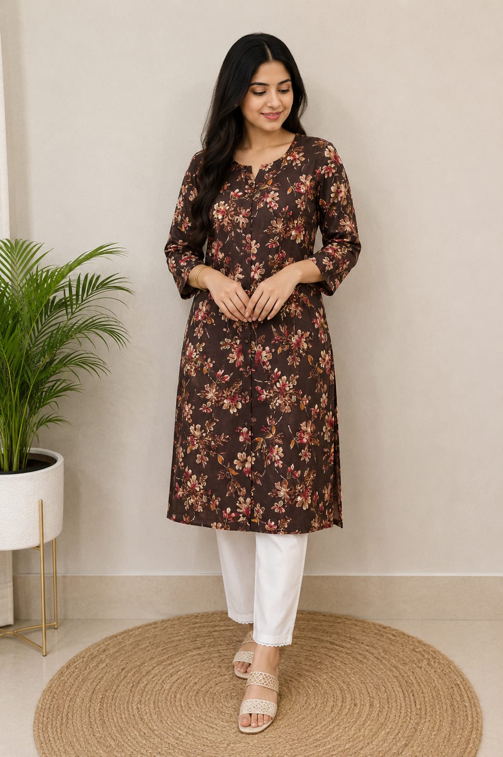Chocolate Brown Floral Printed Short Kurti for Women