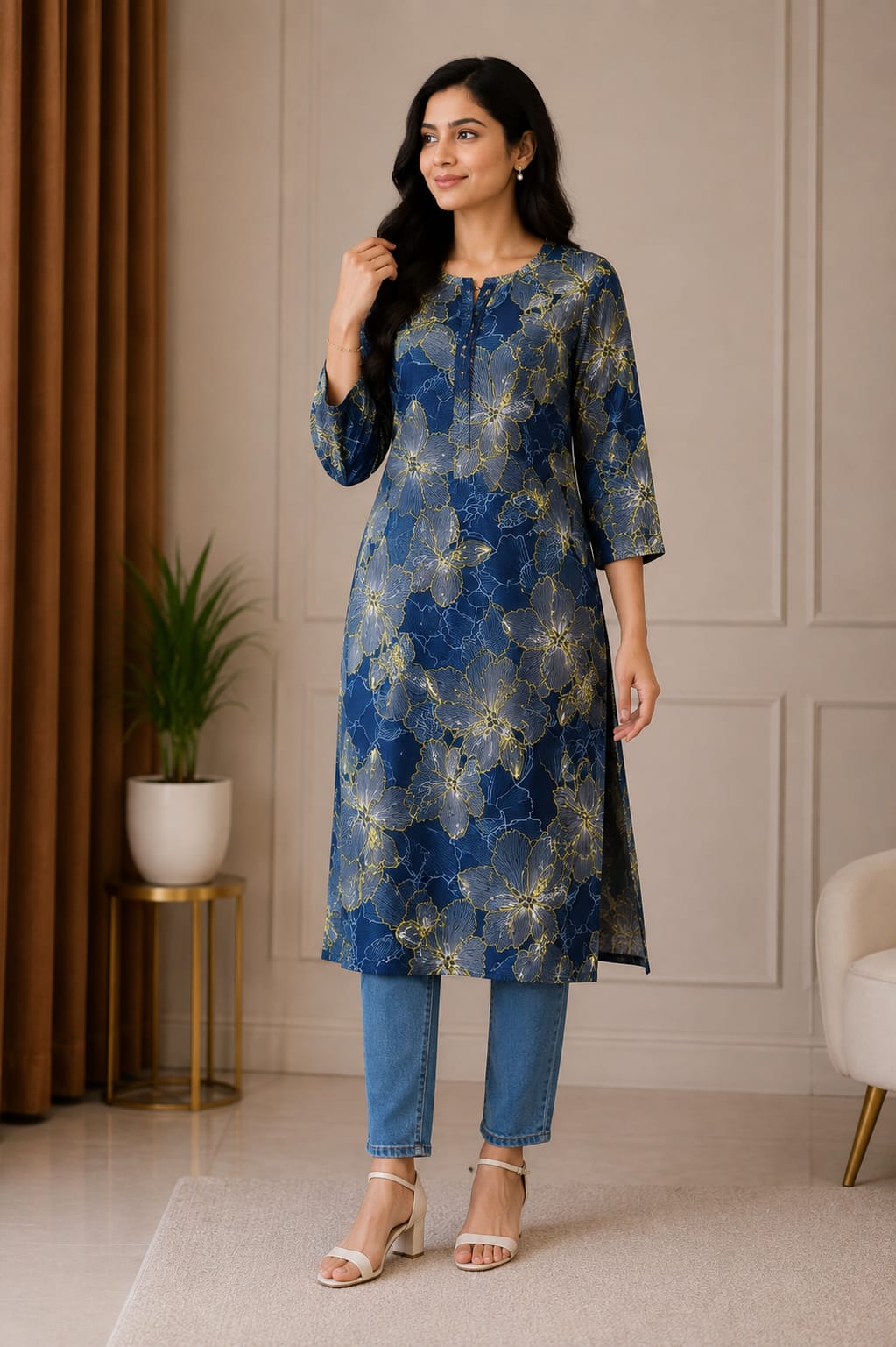 Elegant Navy Blue Floral Printed Women’s Kurti