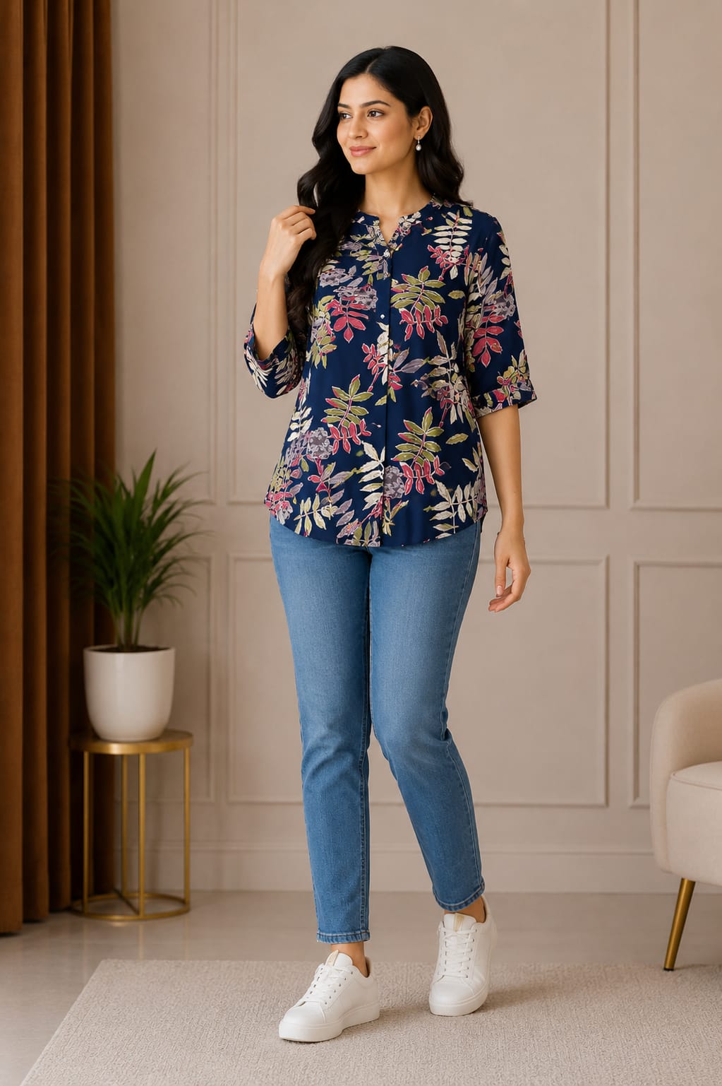 Elegant Navy Blue Floral Printed Women’s Casual Top