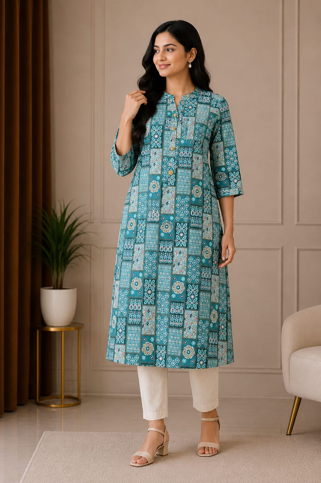 Elegant Teal Blue Printed Women’s Anarkali Kurti