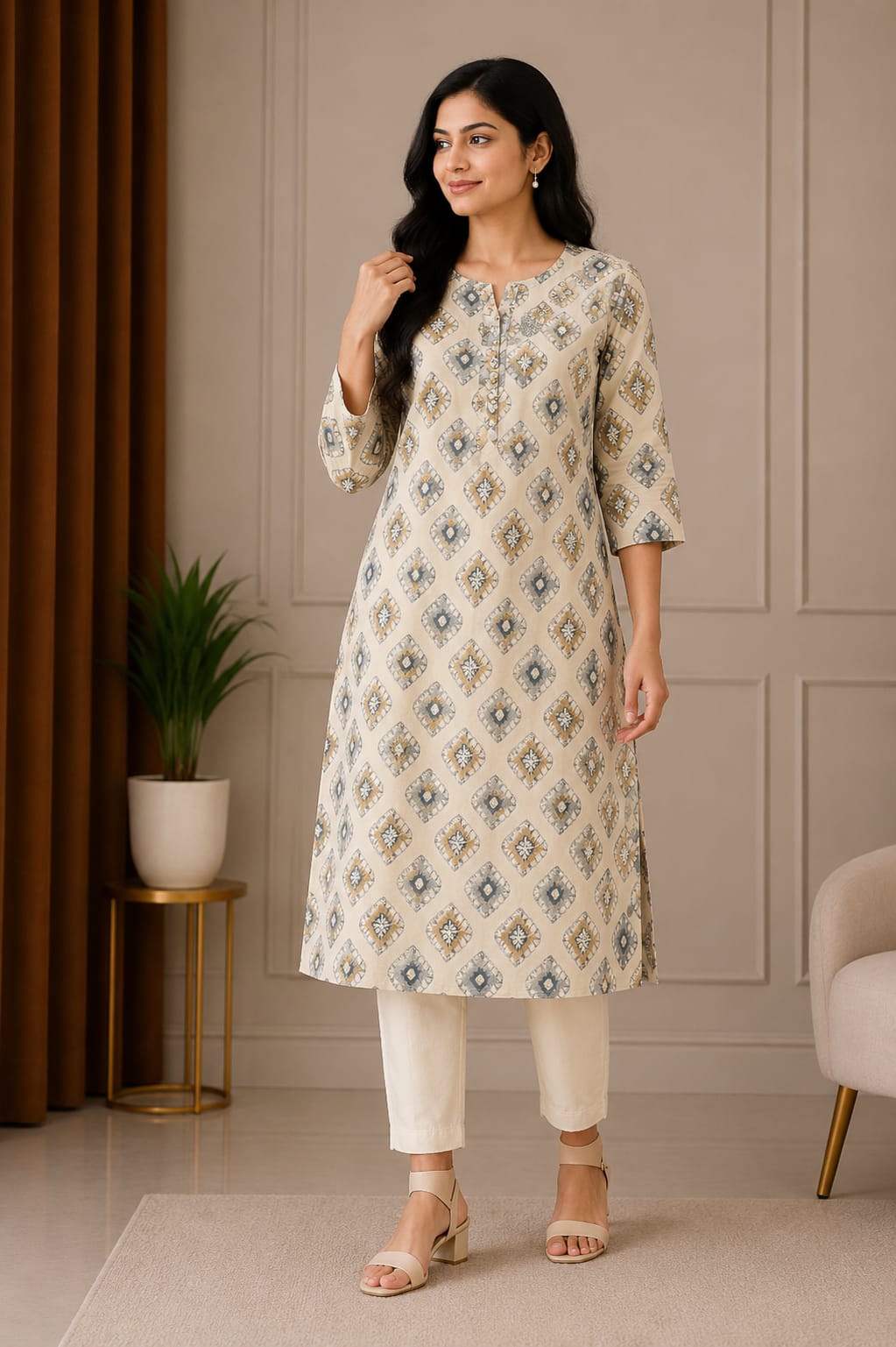Elegant Beige Printed Women’s Straight Kurti