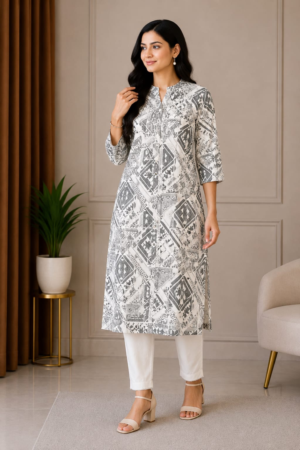 Elegant White & Grey Printed Women’s Straight Kurti