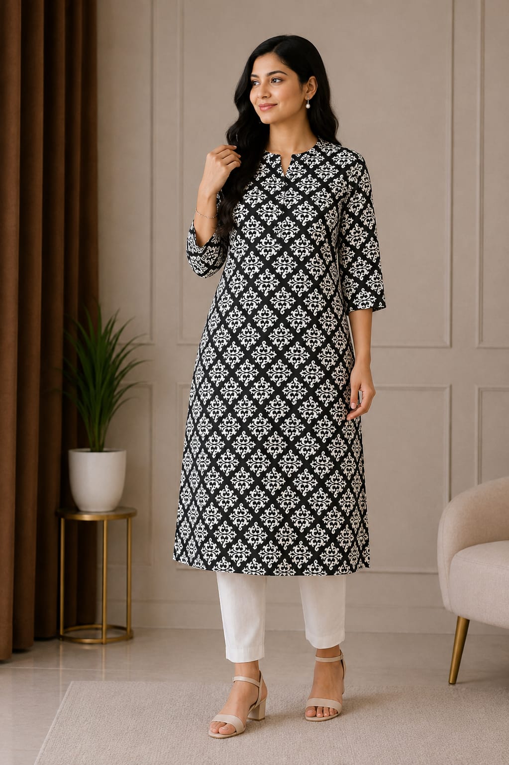 Elegant Black & White Printed Women’s Kurti