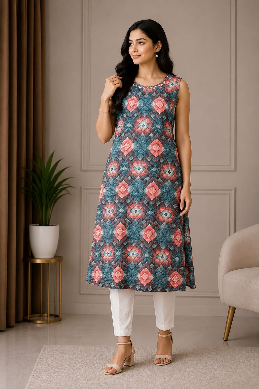 Stylish Blue & Pink Geometric Printed Women’s Kurti