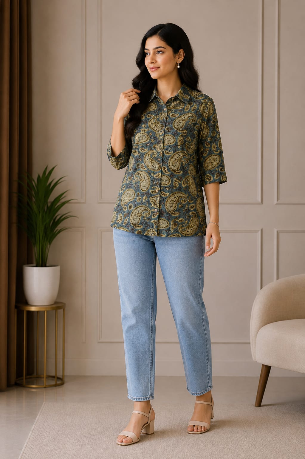 Elegant Blue Paisley Printed Women’s Casual Top