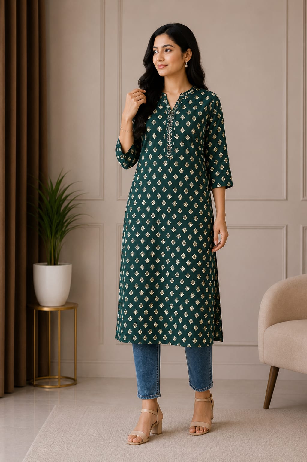 Elegant Dark Green Printed Women’s Straight Kurti