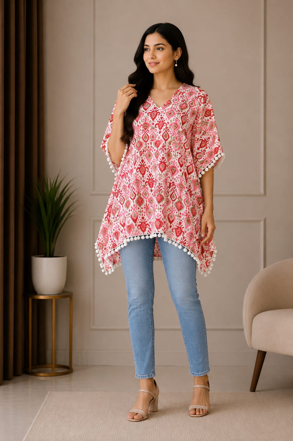 Elegant Pink & White Printed Women’s Kaftan Top