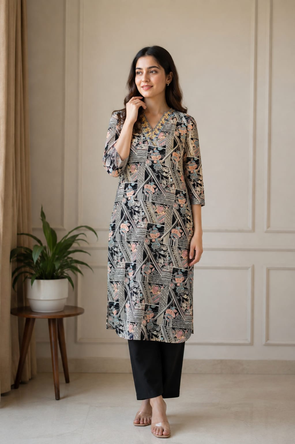 Elegant Black & Peach Floral Printed Women’s Kurti
