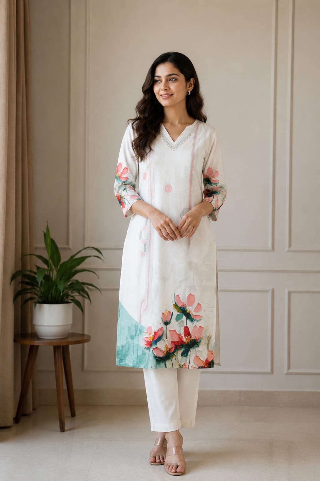Elegant White Floral Printed Women’s Straight Kurti