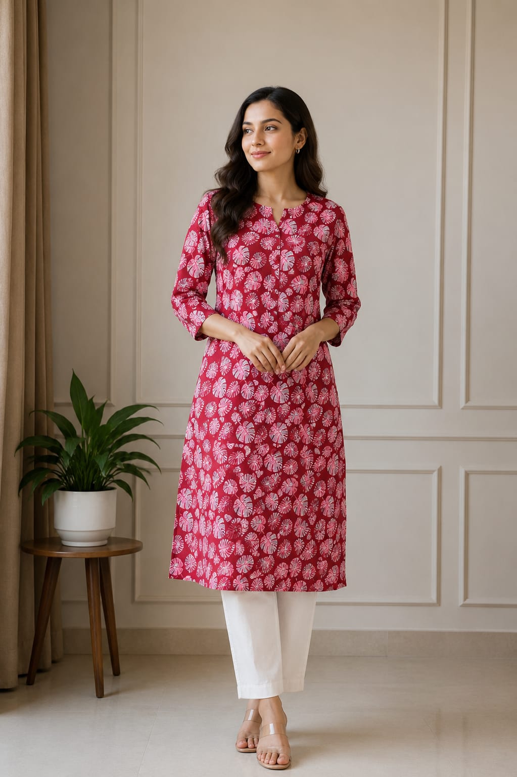 Elegant Red Floral Printed Women’s Straight Kurti