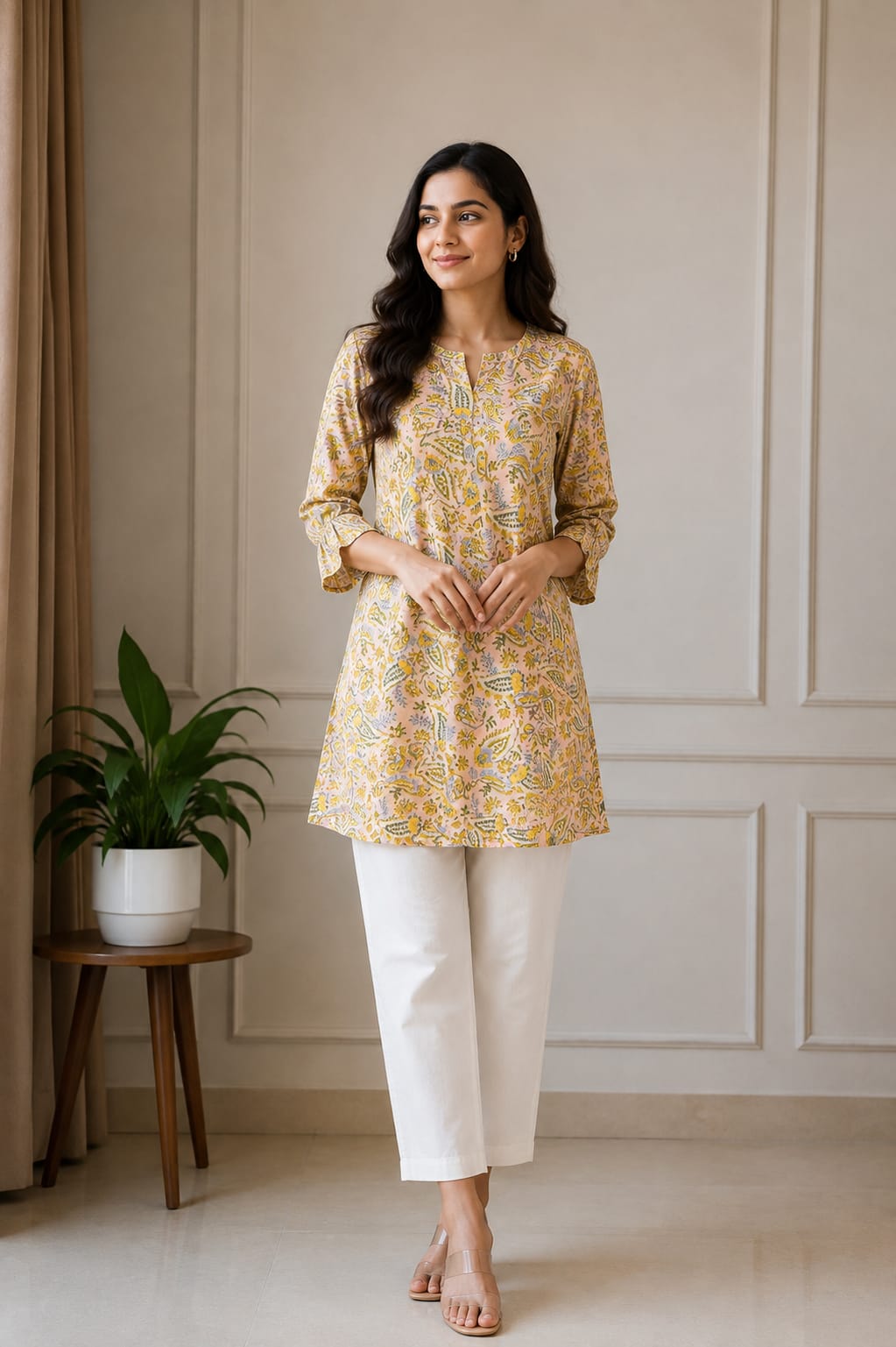 Elegant Yellow Floral Printed Women’s Kurti