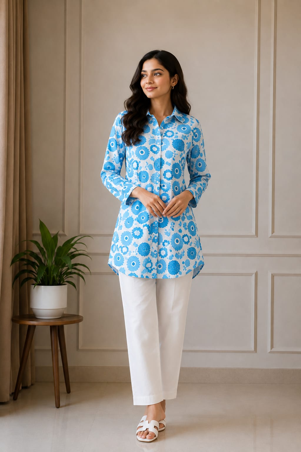Blue Floral Printed Women’s Shirt-Style Kurti
