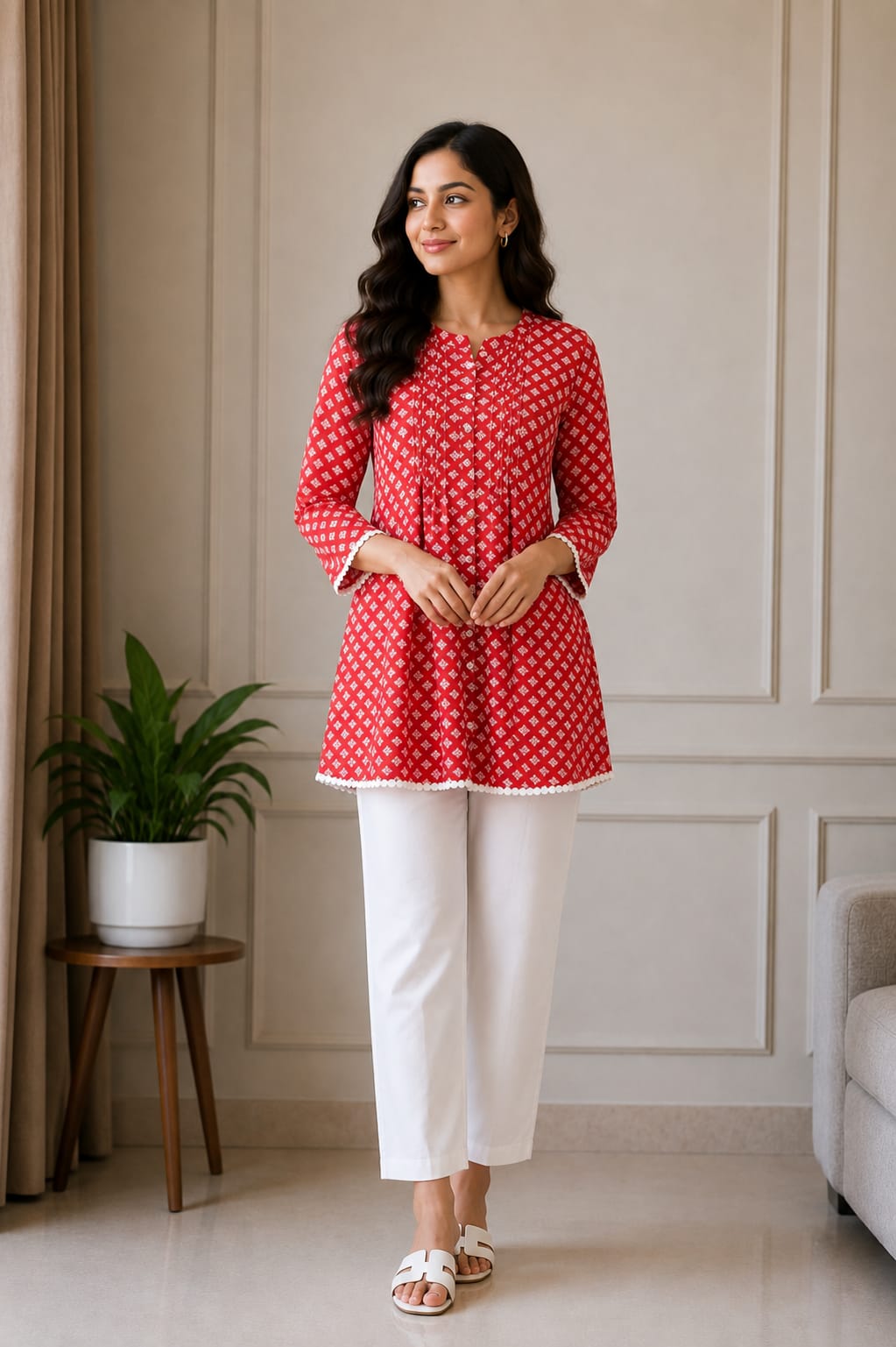 Women's Red Geometric Print Cotton Short Kurti | Casual Ethnic Tunic Top