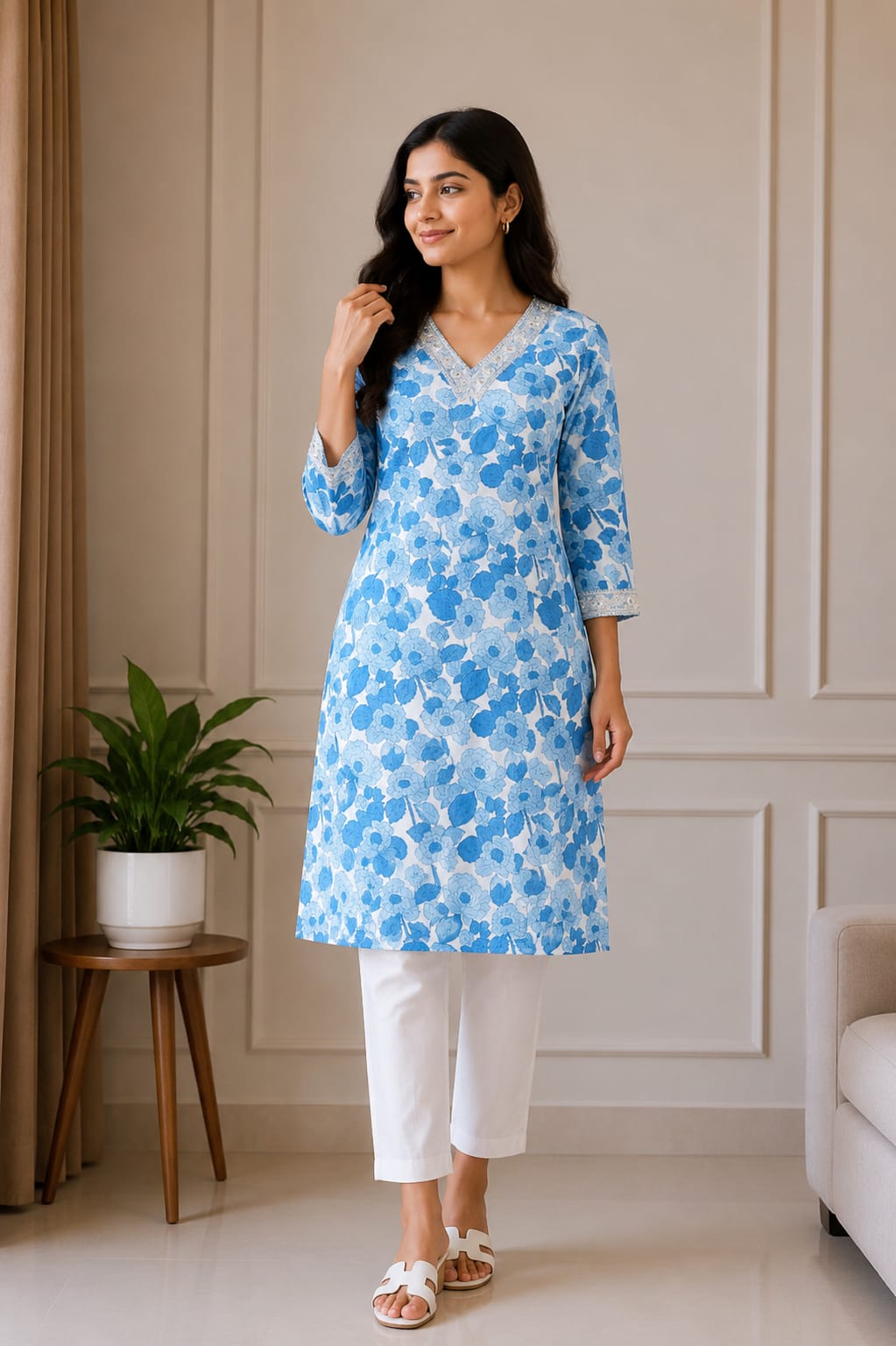 Blue Floral Printed V-Neck A-Line Kurti for Women