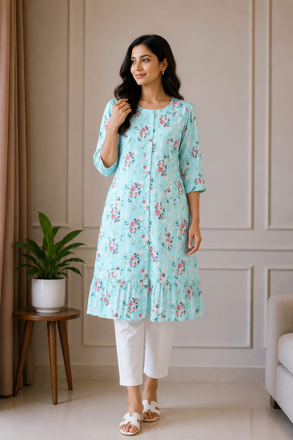 Sky Blue Floral Printed Flared Kurti for Women
