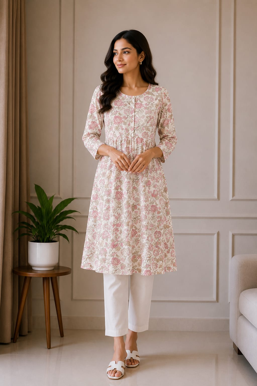 White & Pink Floral Printed A-Line Kurti for Women