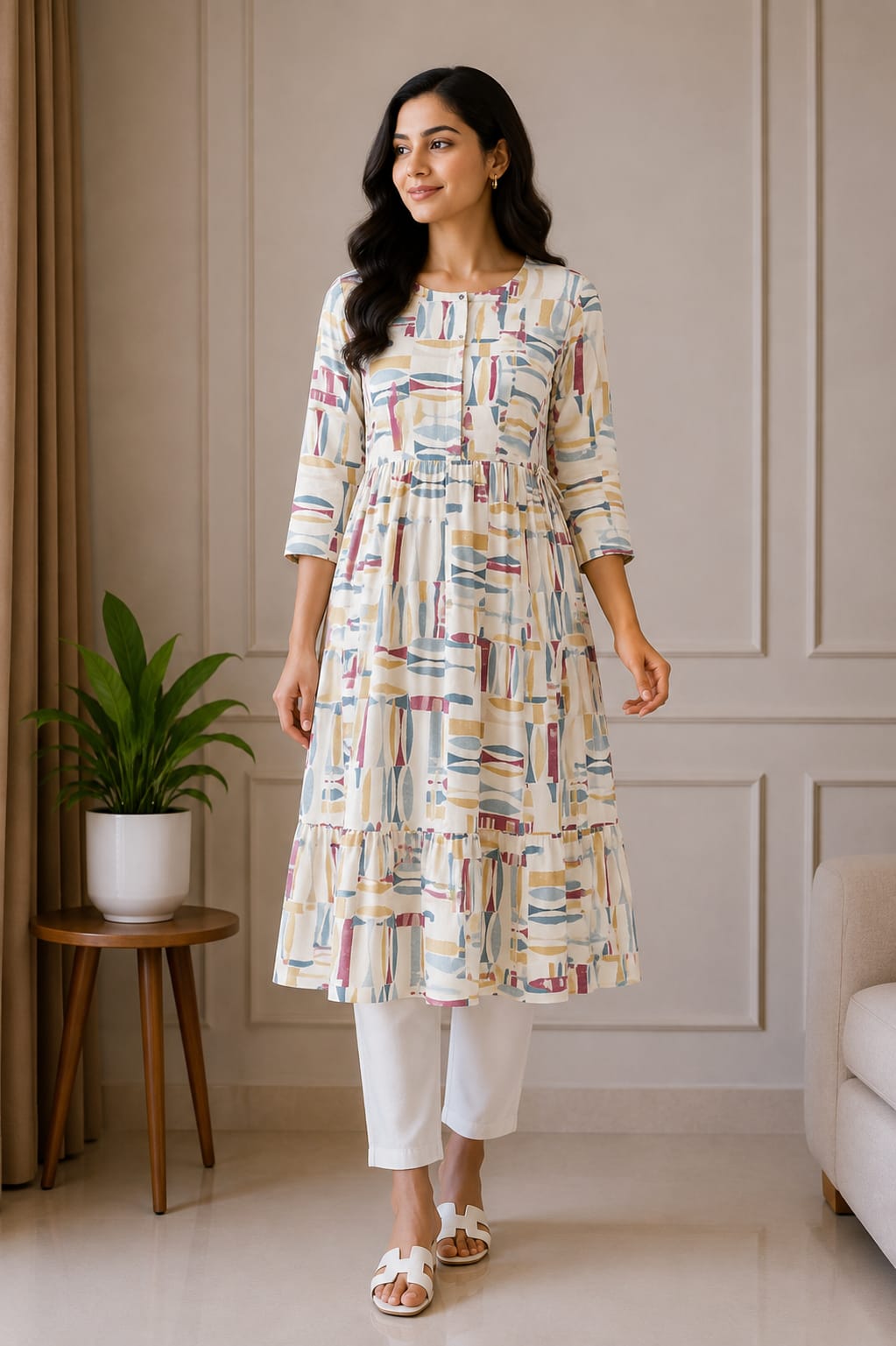 Multicolor Geometric Printed Flared Kurti for Women