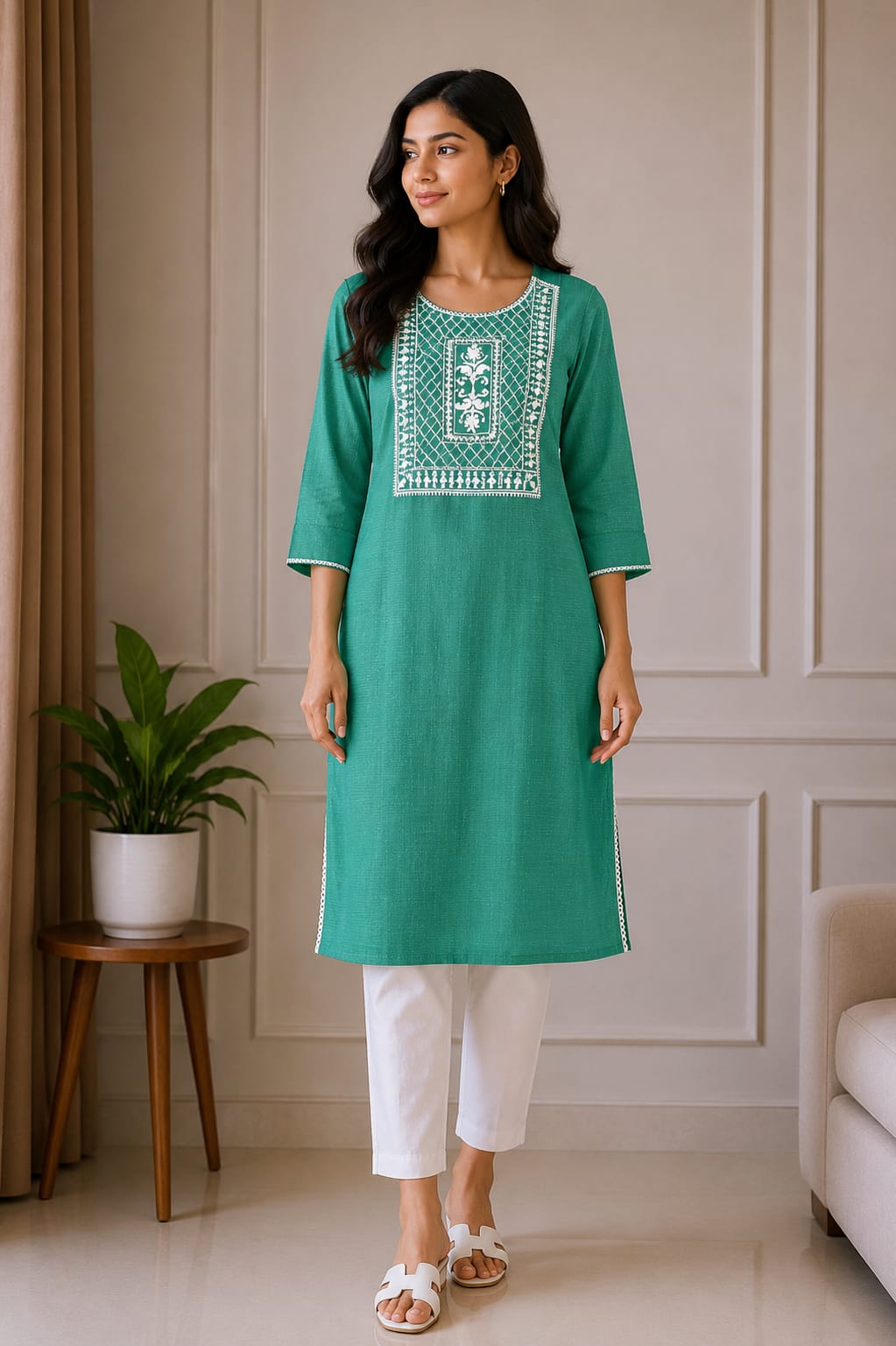Teal Green Embroidered Straight Kurti for Women