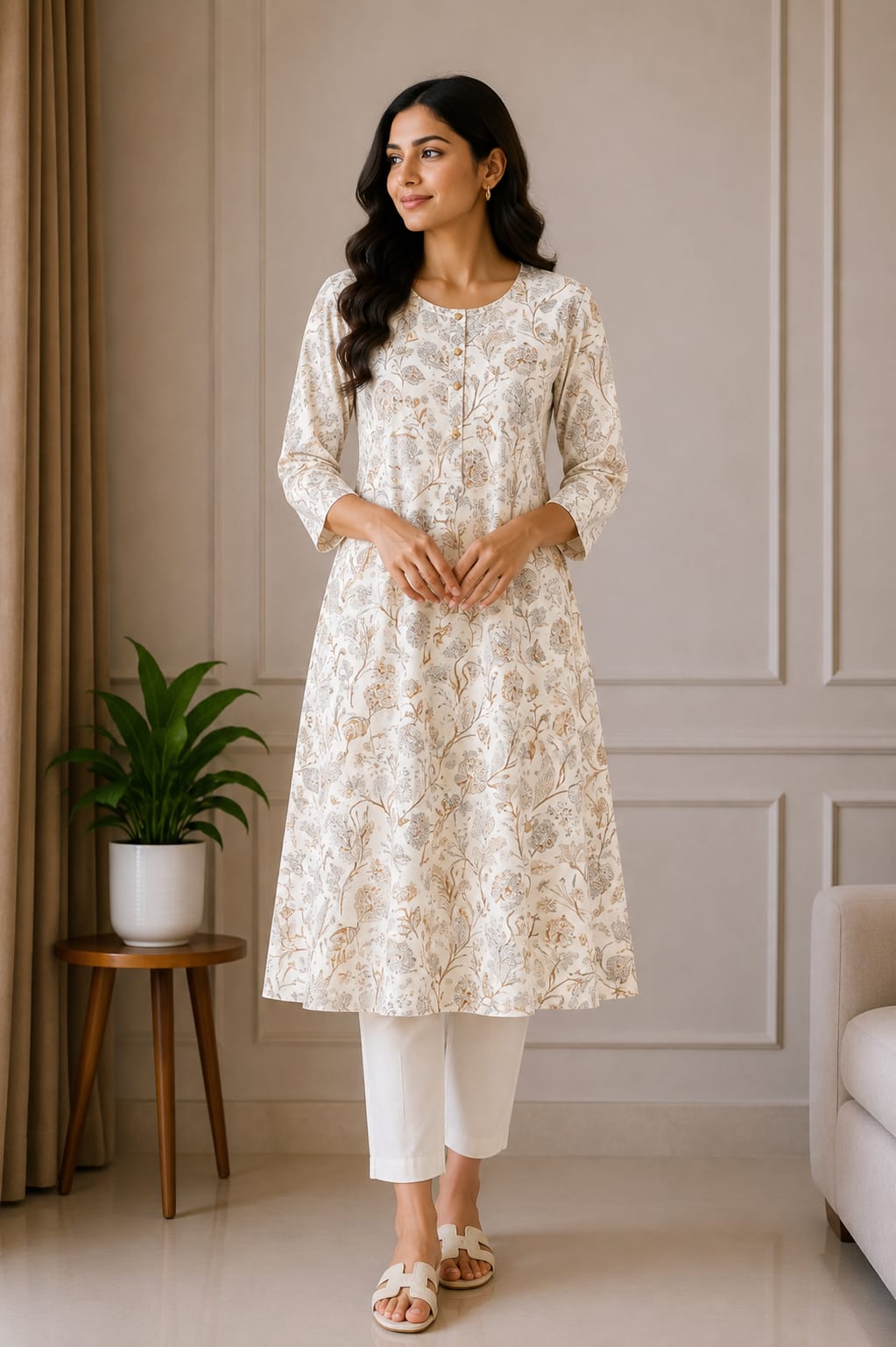 Cream Floral Printed A-Line Kurti for Women