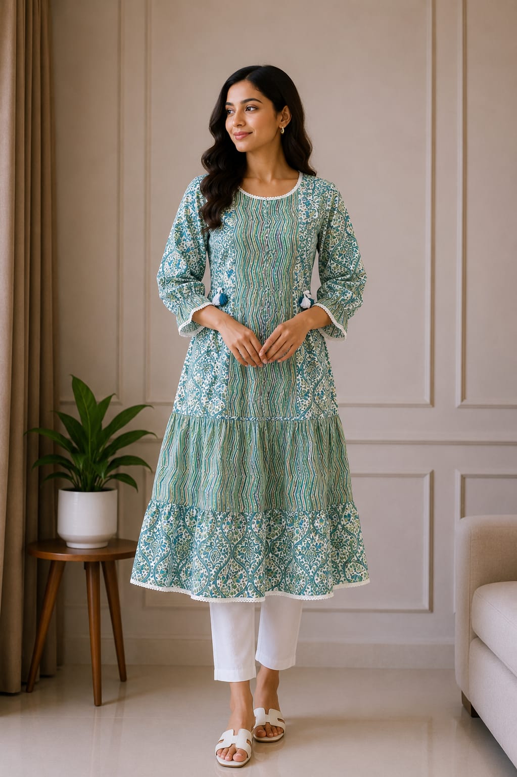 Teal Blue Printed Tiered A-Line Kurti for Women