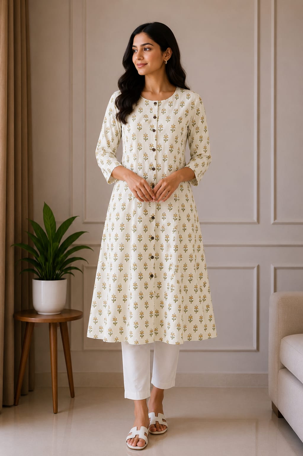 Ivory Floral Print A-Line Kurti for Women