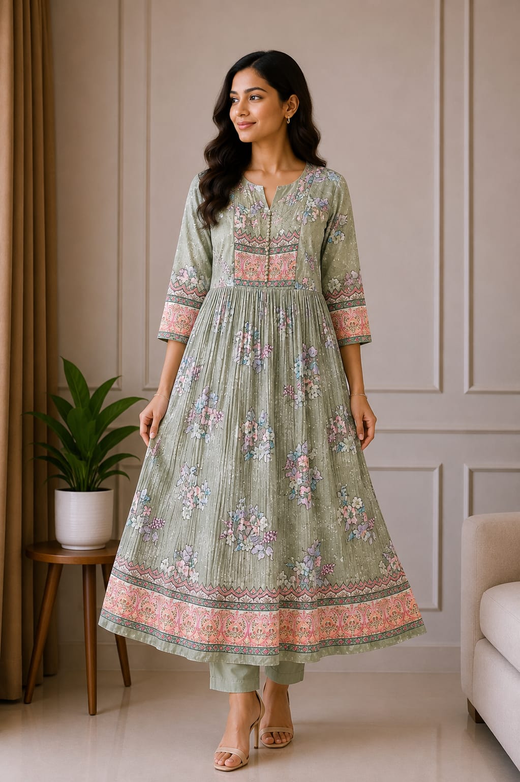 Sage Green Floral Printed Anarkali Kurta Set