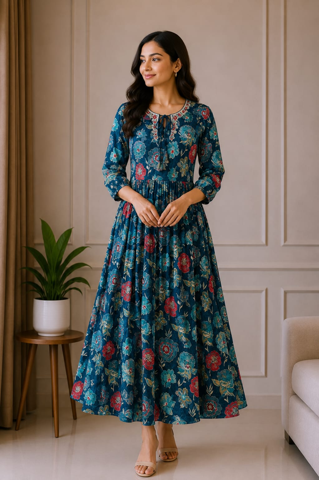 Teal Blue Floral Printed Anarkali Dress