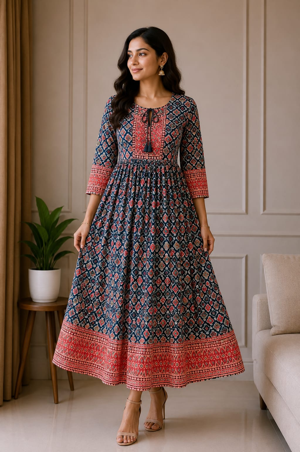 Navy Blue & Red Printed Anarkali Kurta Dress