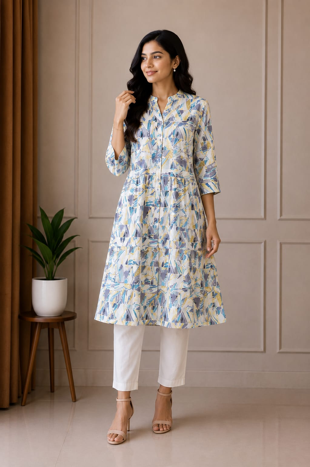 Blue & White Abstract Printed Tiered Kurta Set